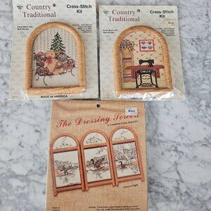 Embroidery counted cross stitch kit lot of 3 Country Traditional Frame easel